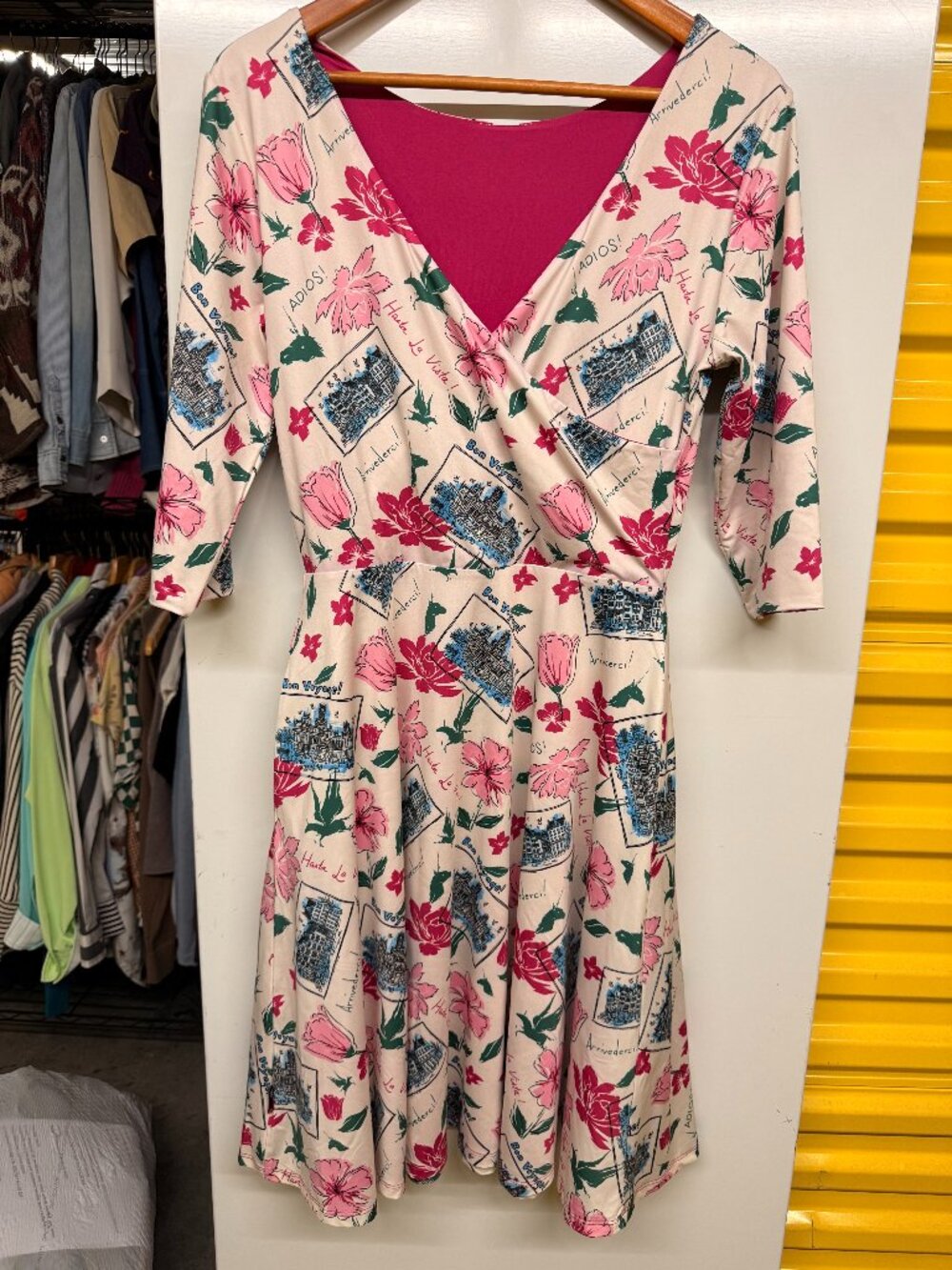 Betabrand 4-Way Reversible Wrap Dress Postcard Travel Print Pink Floral Medium
